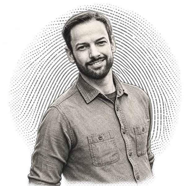 Stipple illustration of Eric Berget with a fingerprint behind him