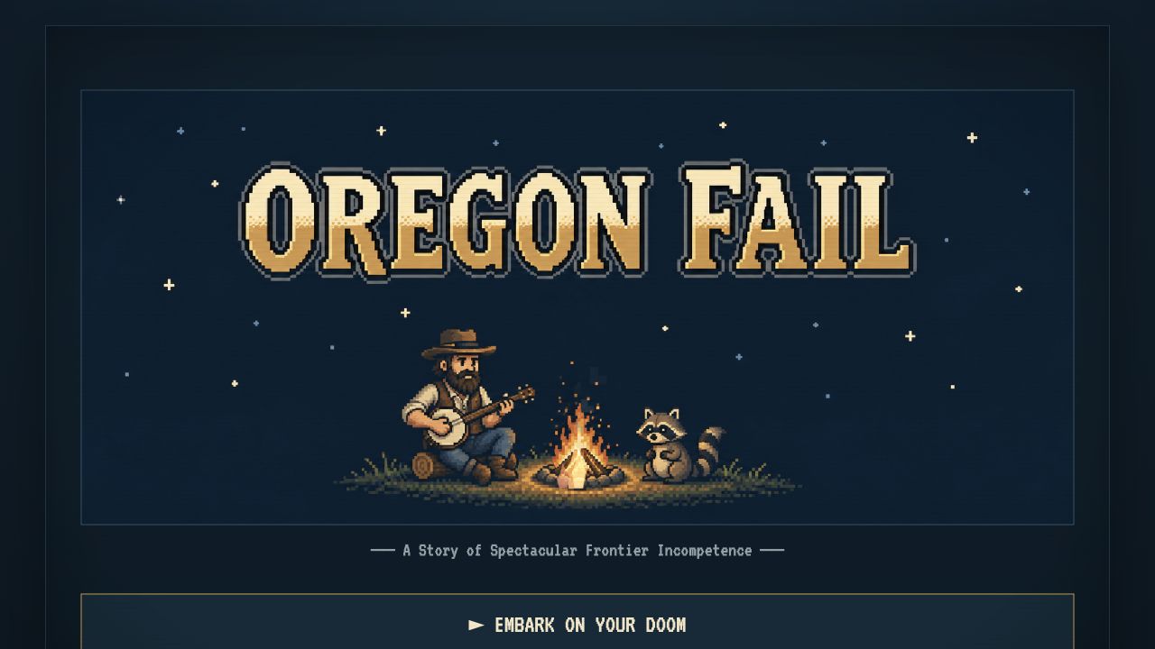 Oregon-Fail’s real pixel-art title screen with a banjo player and raccoon